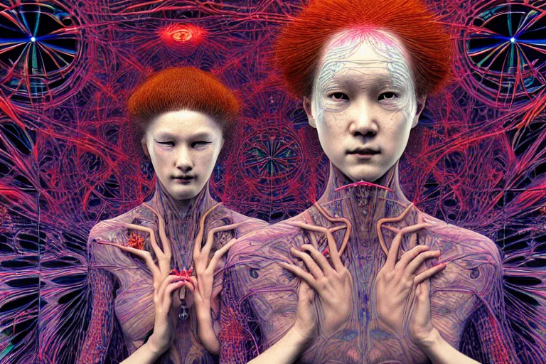 Image similar to realistic detailed image of being plugged into the matrix, conjuring psychedelic background, part by takato yamamoto, part by alex gray, ross tran, james jean, ultra realistic, octane render, highly detailed, 8 k, trending on artstation, cosmic, symmetry, masterpiece