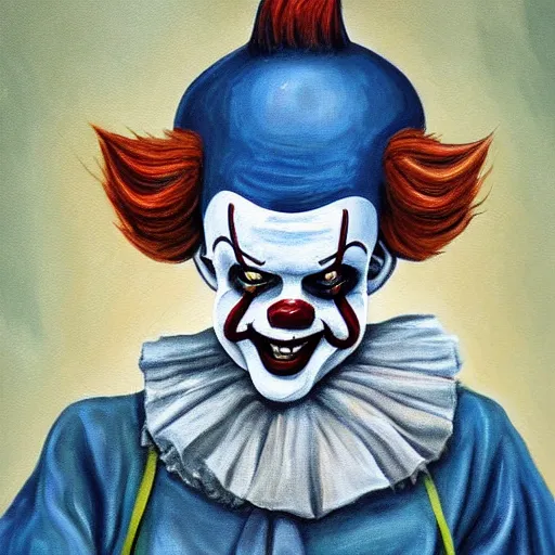 Image similar to Painting of dirty homeless Pennywise in scrappy clothing, by James Earley