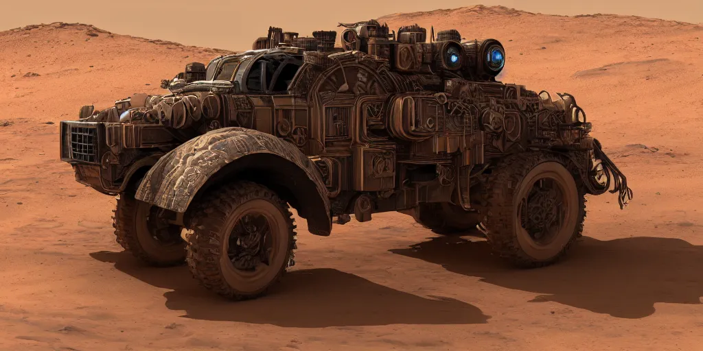 Prompt: steampunk cybertruck rolling on mars 3 d concept art, dust around, cinematic lighting, intricate details, octane rendering, trending on artstation, featured on behance