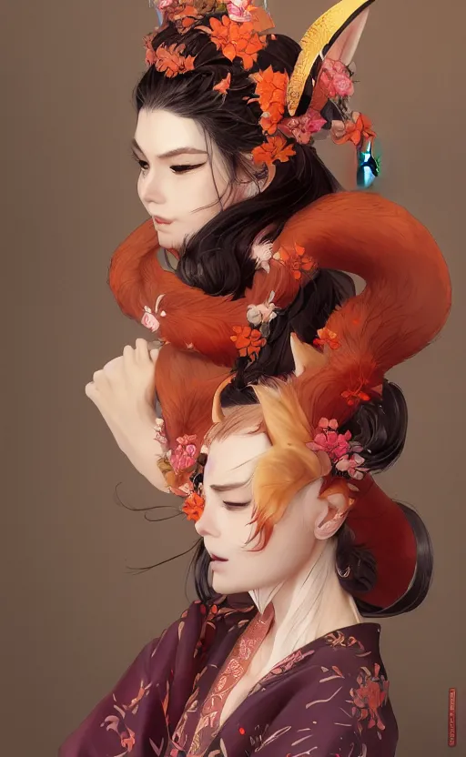 Image similar to An beautiful digital painting of a woman with fox ears and nine tails wearing a kimono, by Stanley Artgerm Lau, WLOP, Rossdraws, James Jean, Andrei Riabovitchev, Marc Simonetti, and Sakimichan, trending on artstation