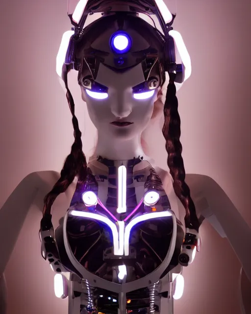 Image similar to creative photo of sensual dancer as a cyberpunk mecha humanoid robotic head shoulder parts with linear bright led lights, inside white room, ultra - realistic and detailed, 8 k