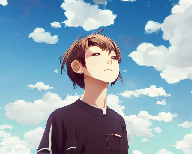 Image similar to teen looking at blue sky, wearing white shirt, back turned, looking up, illustration, by pine ( ハイネ ) and 薯 子 imoko and 香 川 悠 作 and wlop and maya takamura, highly detailed, trending artstation, pixiv, digital art