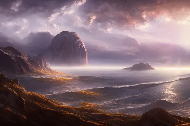 Prompt: cinematic painting by jessica rossier, in the beginning god created the heavens and the earth, now the earth was formless and empty, darkness was over the surface of the deep, and the spirit of god was hovering over the waters.