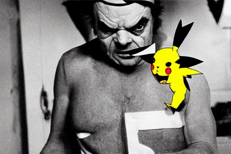 Image similar to Jack Nicholson dressed up in costume of Pikachu, scary, horror, still from the film by Stanley Kubrick