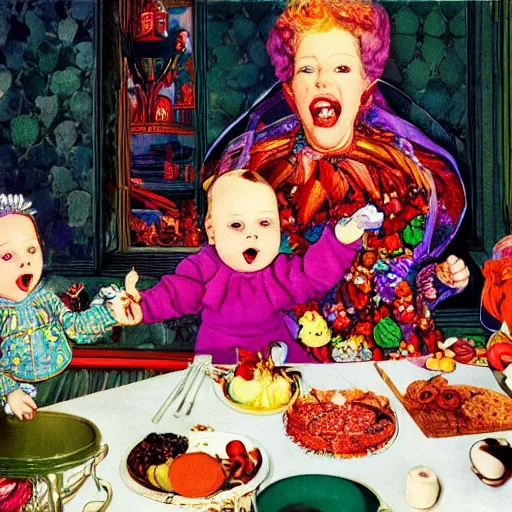 Image similar to hyper realistic hight detailed grandmother with a big mouth eating babies on the table in the russian kitchen, style by harry clarke, bright colors, 4 k, 1 6 k, 3 2 k