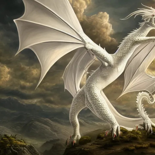 Image similar to a beautiful white dragon on the Altus Plateau, highly detailed painting, painting by Ciruelo, 4k