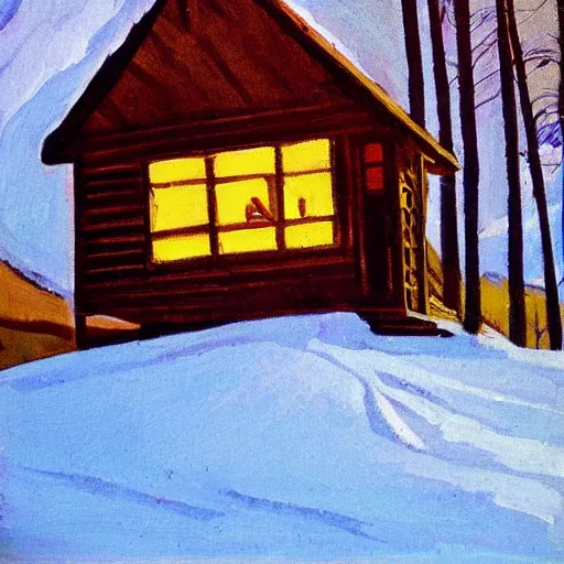 Image similar to the cabin in the woods, in the style of gifford beal,