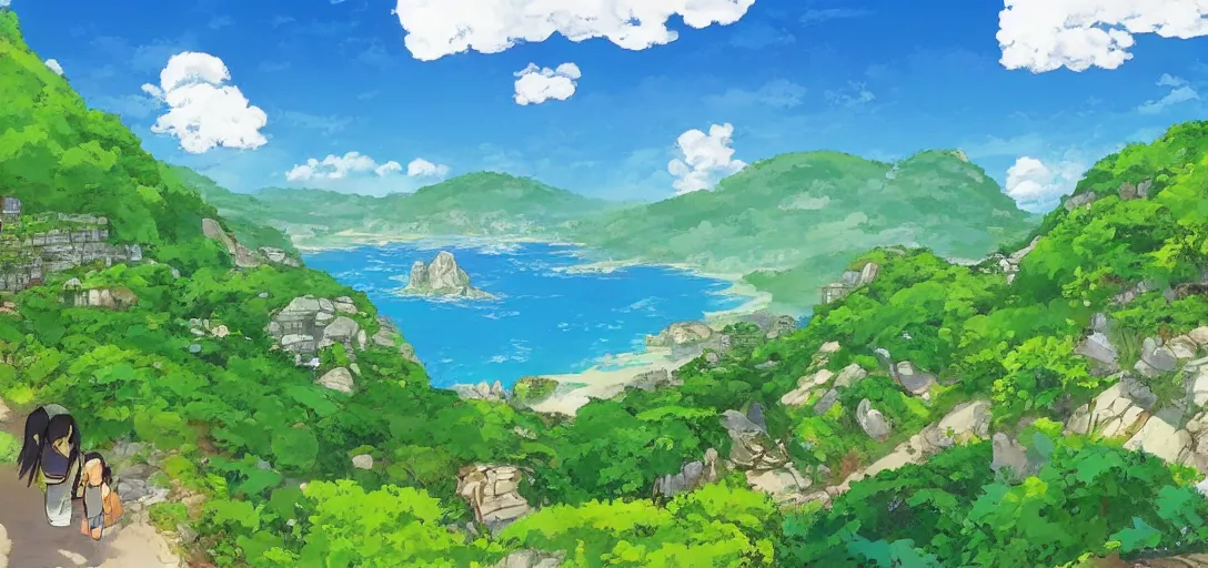 Prompt: studio ghibli hilly countryside and ocean