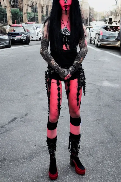 Image similar to beautiful black-and-red haired goth girl, hyper-maximalist, highly-detailed and intricate, Rick Owens, pastel goth, trending on r/streetwear, outfit photo, we see them from head to toe