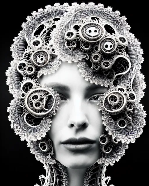 Image similar to surreal black and white photo portrait of complex bio-mechanical beautiful young female vegetal-cyborg with a Mandelbrot fractal metal fine lace face, curled silver hair, 150 mm lens, soft rim light, fine metal floral foliage super big lace collar by Alexander McQueen, high fashion, haute couture, rococo, steampunk, silver filigree details, anatomical, facial muscles, cable wires, microchip, elegant, hyper realistic, octane render, unreal engine, volumetric lighting, 8k,