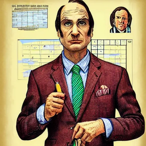 Image similar to The Artwork of R. Crumb and his Cheap Suit Saul-Goodman-Better-Call-Saul, pencil and colored marker artwork, trailer-trash lifestyle