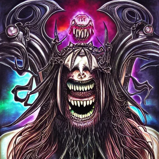 Prompt: marduk, devourer of worlds, detailed airbrush ink art in dark and muted colors art by oda eiichiro on dmt and shrooms