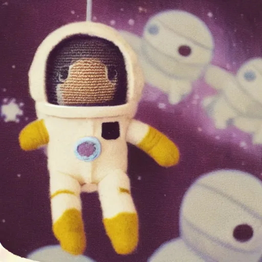 Image similar to polaroid of a cute toy wool astronaut in real space