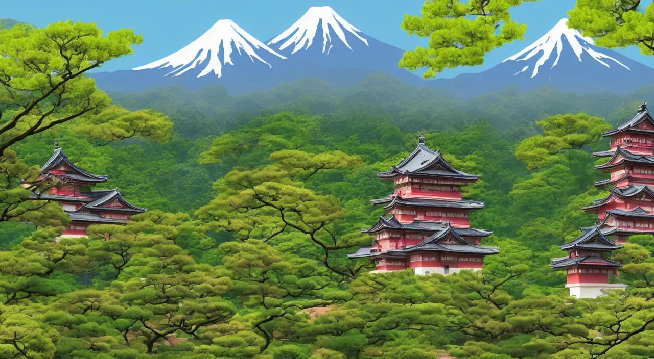 Image similar to a Japanese castle, with a garden as foreground, with mountains as background, in the style of digital art