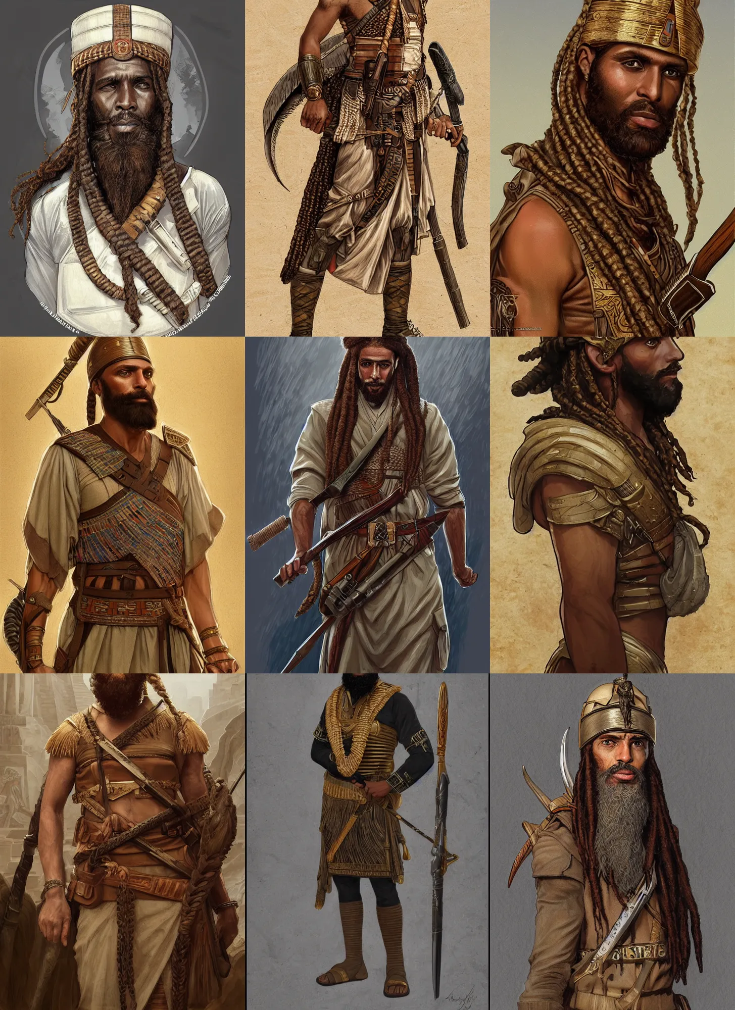 Prompt: louis gossett as ancient egyptian soldier, braided beard redhead dreadlocks, intricate, elegant, highly detailed, artstation, sharp focus, illustration, artgerm, rutkowski, mucha