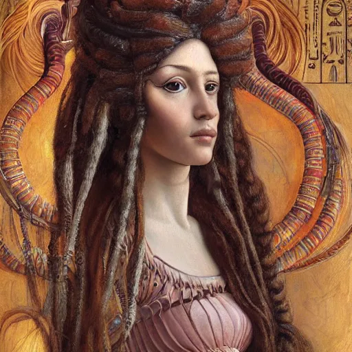 Image similar to artstation, intricate details, portrait by sandro botticelli, gaston bussiere, h. r. giger, inanna ashteroth, egyptian facial features, brown caramel skin, thick beautiful eyebrows, techno mystic, intergalactica, hazel green eyes, with bright neon aqua rapunzel dreadlocks, full body portrait, haute couture, alchemy, futurisma