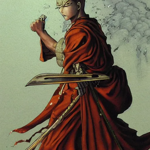 Prompt: warrior monk, fantasy character, soft light, white background, intricate detail, intricate oil painting detail, sharp high detail, manga and anime 2000, tarot cards, Katsuhiro Otomo