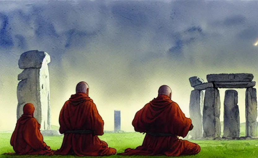 Image similar to a hyperrealist watercolour character concept art portrait of one small grey medieval monk and another giant orange medieval monk kneeling down in prayer in front of a complete stonehenge monument on a misty night. a ufo is in the sky. by rebecca guay, michael kaluta, charles vess and jean moebius giraud