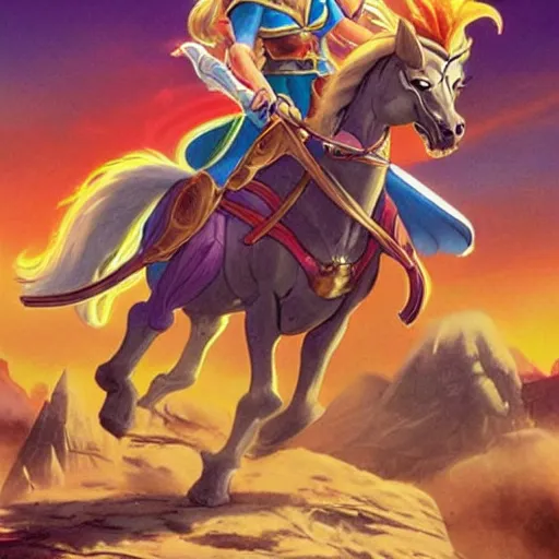 Prompt: He-Man, She-Ra, and Skeletor riding a horse together