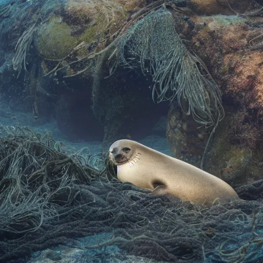 Prompt: A seal sleeping peacefully in a kelp forest, cinematic, hyper realistic, detailed, 8k, octane render.