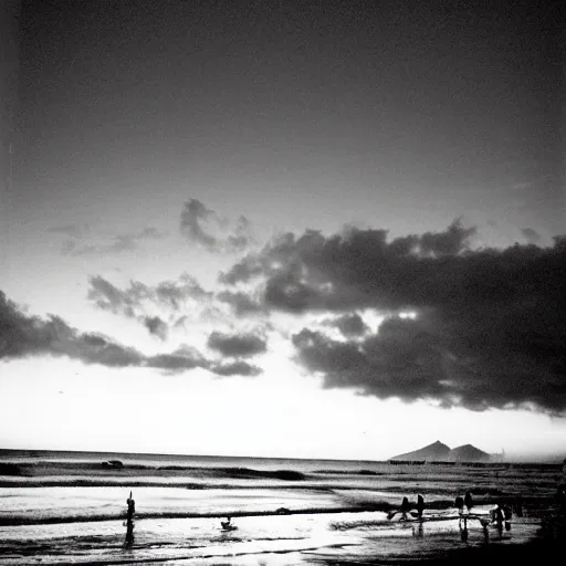 Prompt: california beach sunset on film, shot with an analog camera, black and white, looking out at the ocean, mountain on the left side of the image