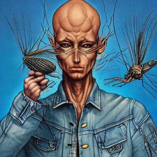 Image similar to ripped physique telekinesis man disguised as a mosquito whilst wearing a denim jacket leonardo da vinci jean sebastien rossbach jeff easley jen bartel staedtler