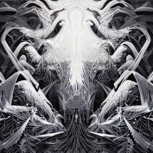 Image similar to a simple white crow painting by Android Jones and M. C. Escher collaboration, futurist, digital art, dramatic lighting