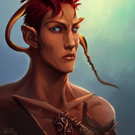 Prompt: dnd character illustration of a dark tanned half - elf with messy short red hair and golden eyes with slit pupils, androgynous, feral, beautiful, glowing, golden hour, by ross tran and gerald brom