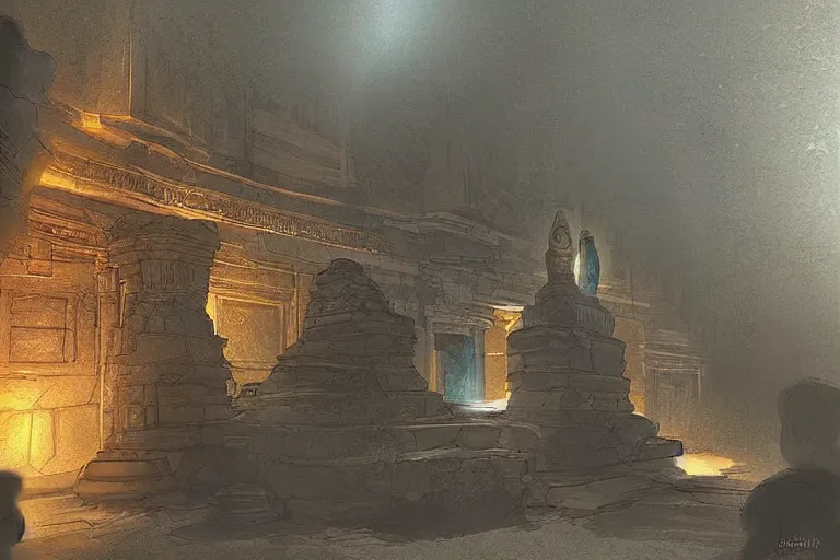 Image similar to “Ancient underground temple in dim lighting, concept art, digital painting by Shaddy Safadi”