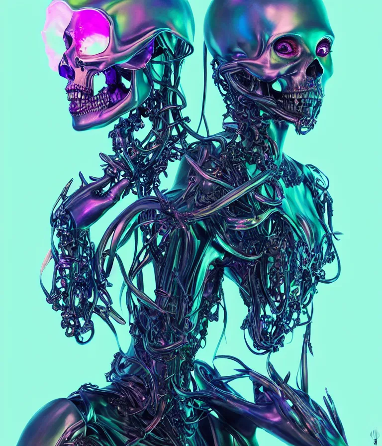 Image similar to fully symmetrical centered iridescent portrait of a beautiful princess of death in robe. skulls artificial muscles, ribcage, bones, hard surface modelling. cyberpunk look. biomechanical mask. bio luminescent biomechanical halo around head. neon jellyfish. artwork by jarold Sng by artgerm, by Eddie Mendoza, by Peter mohrbacher by tooth wu, unreal engine, octane render, cinematic light, high details, iridescent colors, dichroic, macro, depth of field, blur