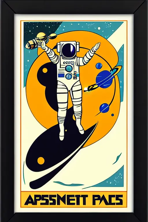 Prompt: art nouveau art deco travel poster. astronaut lady with a raygun in outer space, alien planets, framed poster