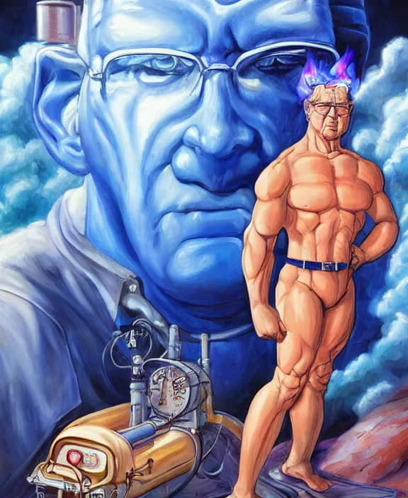 Image similar to normal hank hill wearing bluejeans and white tshirt, the god of propane, blue flames, propane tanks, magic realism, art by mike judge, art by josephine wall, art by huang guangjian, art by viktoria gavrilenko, art by amanda sage, trending on artstation