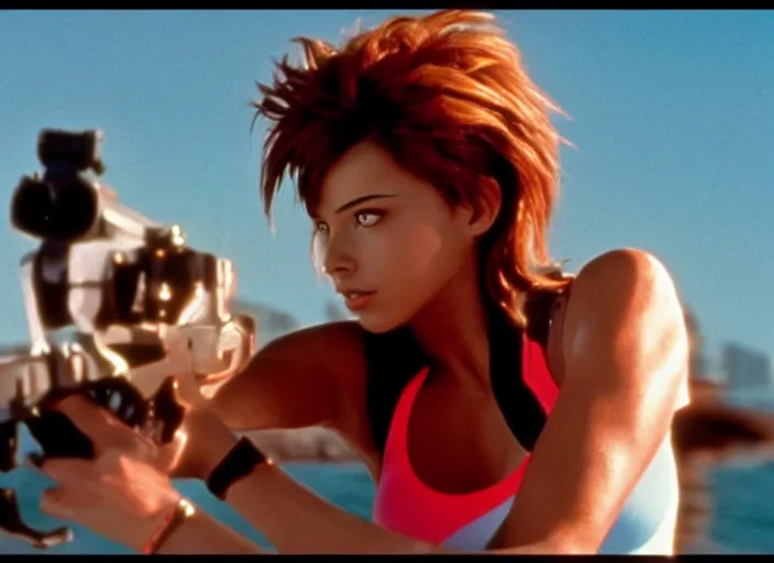 Image similar to a film still of a waman called tracer from overwatch in baywatch ( 1 9 8 9 )