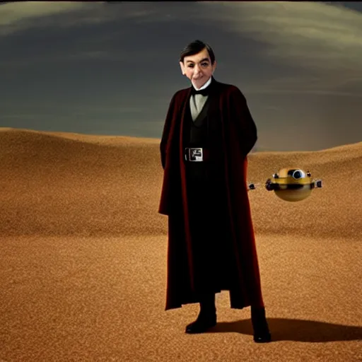 Prompt: mr. bean as anakin skywalker from star wars. movie still. cinematic lighting.