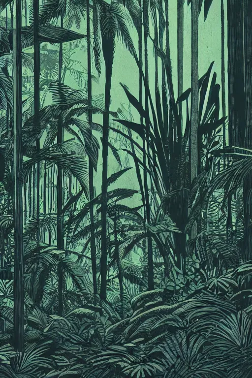 Prompt: an award winning woodcut print of a jungle in costa rica, 8 k, frostbite 3 engine, cryengine, dof, trending on artstation, digital art, crepuscular ray, art by roy l davies and tugboat printshop