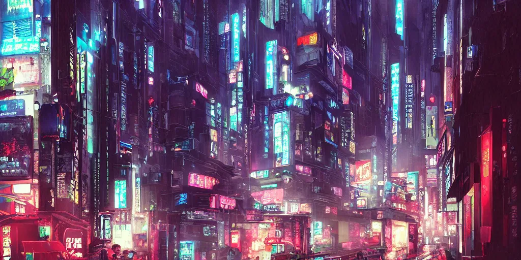 Image similar to Cyberpunk street on a rainy day in Japan, low angle view, detailed matte painting, cinematic, Moebius, Artstation
