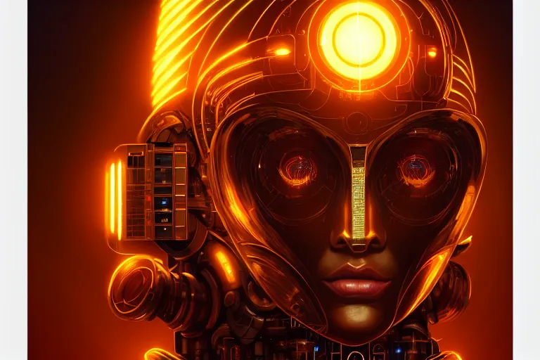 Prompt: a portrait painting of a ai machine god, hearth of the machine in cyberpunk style, symmetrical, golden ratio, energy core, cybernetic shrine, robot religion, realistic shaded lighting, magali villeneuve, artgerm, rutkowski