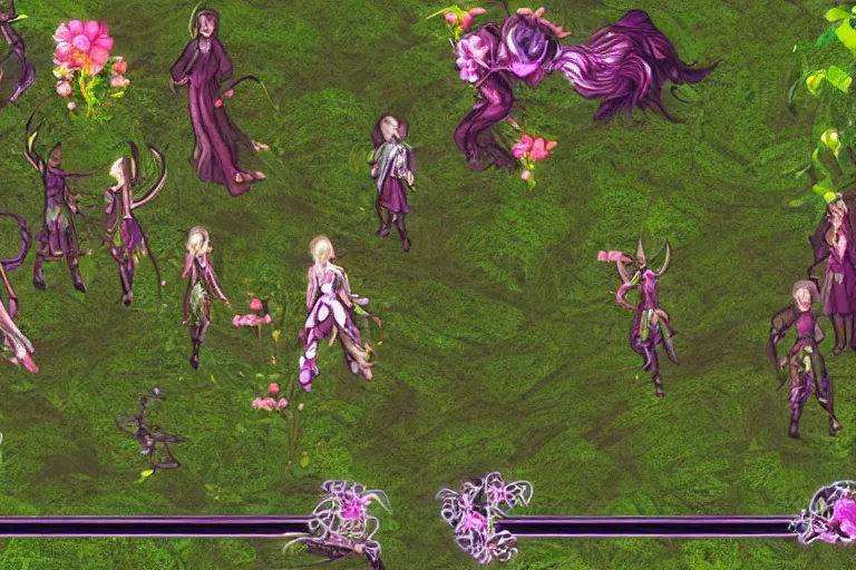 Image similar to cute female forest spirit wearing ornate floral cybernetic hungarian valentino resort dress in a 3 d psx ps 2 jrpg style, esoteric magical alien meadow ritual environment, fashion gameplay battle sequence screenshot with ui hud elements, highly detailed, atelier, xenogears