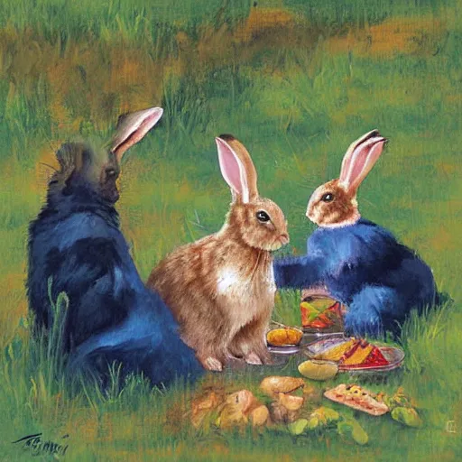 Prompt: Bunny Family Dinner painting by Gurney