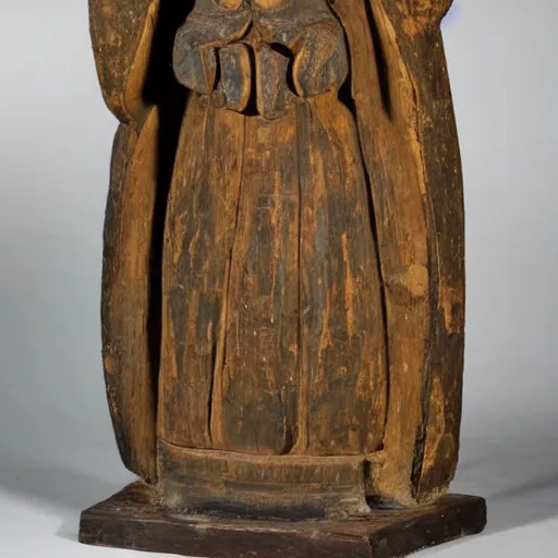 Prompt: a 1 7 th century wood carving of a hooded figure with a large sack hung over his back