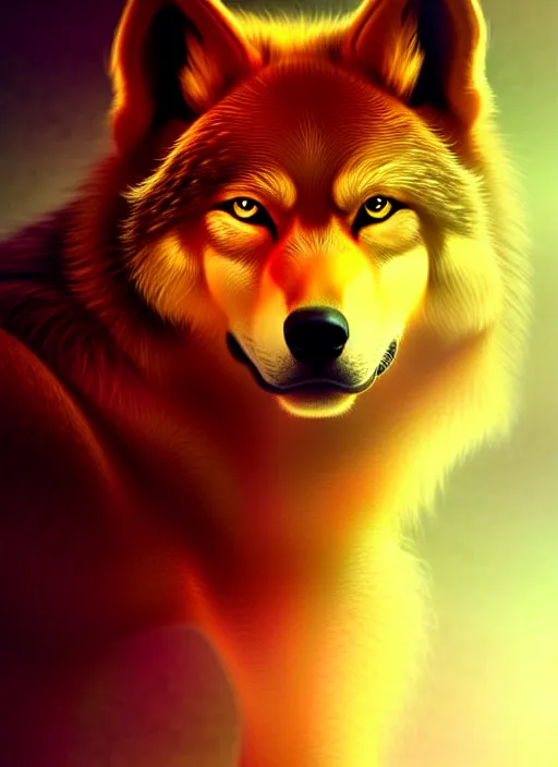 Image similar to bipedal golden wolf, sharp fangs, fiery eyes, highly detailed, deep focus, elegant, digital painting, smooth, sharp focus, illustration, ultra realistic, 8 k, art by wlop