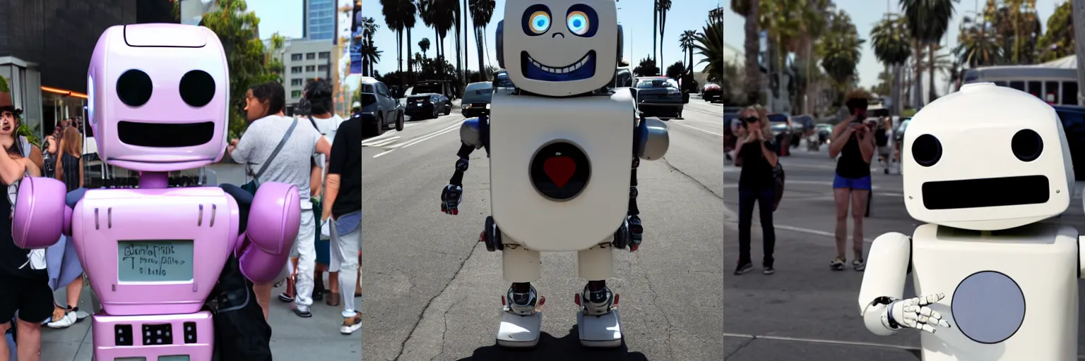 Prompt: LOS ANGELES CA, JUNE 8 2029: Cute happy robot asks for a hug