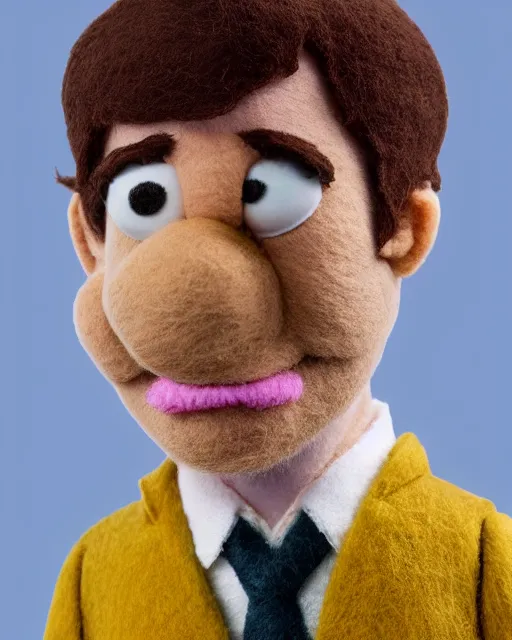 Image similar to jim halpert as a muppet. highly detailed felt. hyper real photo. 4 k.