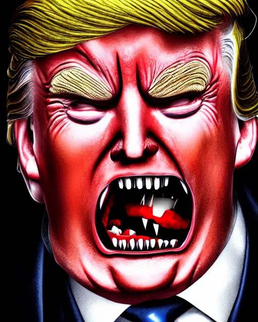 Image similar to donald trump dracula, fangs, character portrait, close up, concept art, intricate details, hyperrealism, in the style of otto dix and h. r giger