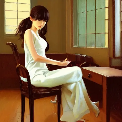 Image similar to oil painting by ilya kuvshinov,, baugh casey, rhads, coby whitmore, of a youthful japanese beauty, long hair, sitting on antique chair leaning against a desk, victorian room