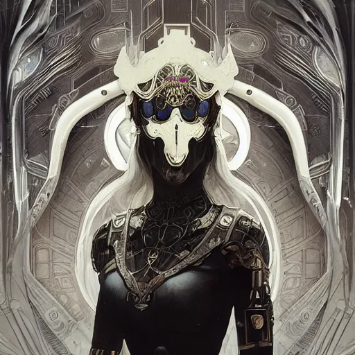 Image similar to a cyborg empress with mask, art nouveau ivory accessories, cyberpunk, darksynth, luxury, concept art by jama jurabaev, extremely detailed, ominous, ethereal, artstation, andree wallin, edvige faini, balaskas, alphonse mucha, symmetry