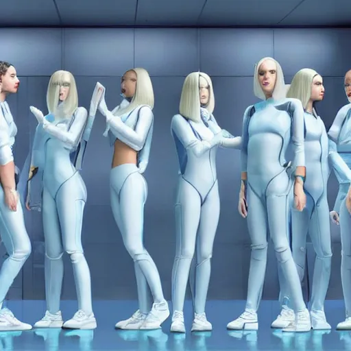 Image similar to troop of cloned women with white bob hairdos, tight light blue neopren suits, futuristic cloning facility, sci - fi, highly detailed, cinematic