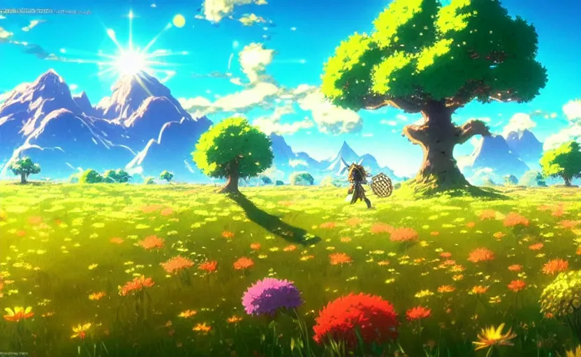 Image similar to fantastic anime sunny meadow with flowers, lone old Oak in the middle plane and mountains on the background, by Hayao Miyazaki, Nausicaa, Ghibli, Breath of the wild, Anime wallpaper