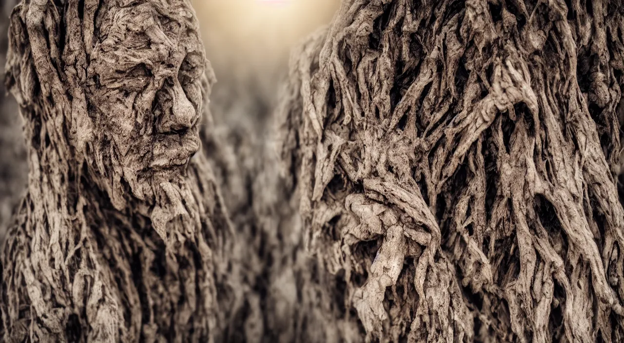 Image similar to close-up of a crying ancient dried up Danu, peaceful, facing the camera and standing in front of a dried up river in a desolate land, dead trees, blue sky, hot and sunny, highly-detailed, elegant, dramatic lighting, artstation, 4k, cinematic landscape, photograph by Elisabeth Gadd