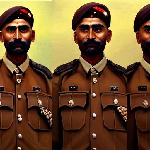 Image similar to a painting of a brown men standing in khakhi uniform, hyperrealistic faces, detailed digital art, aesthetic!, trending on artstation